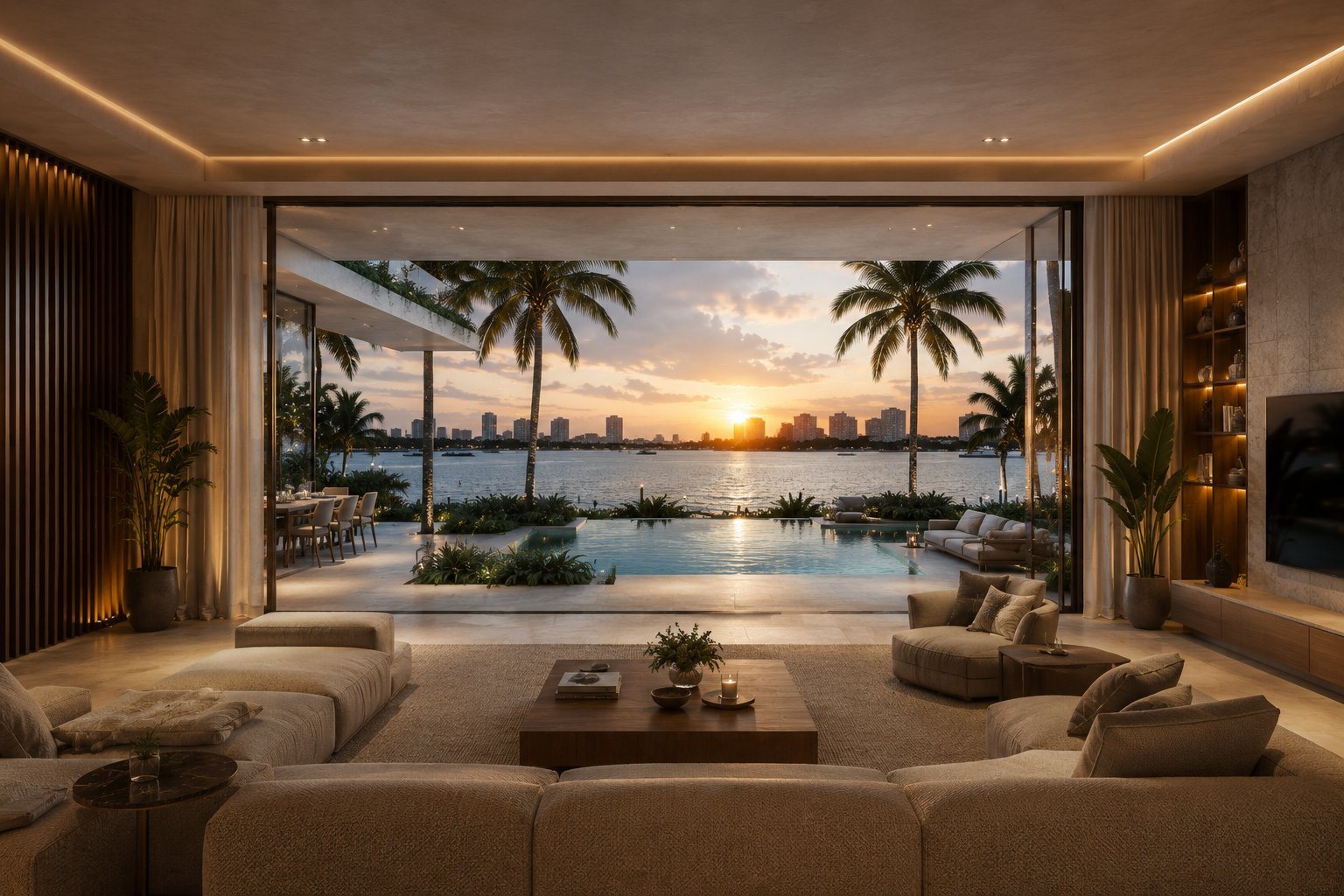 Open living room facing a pool, palms and the bay at sunset