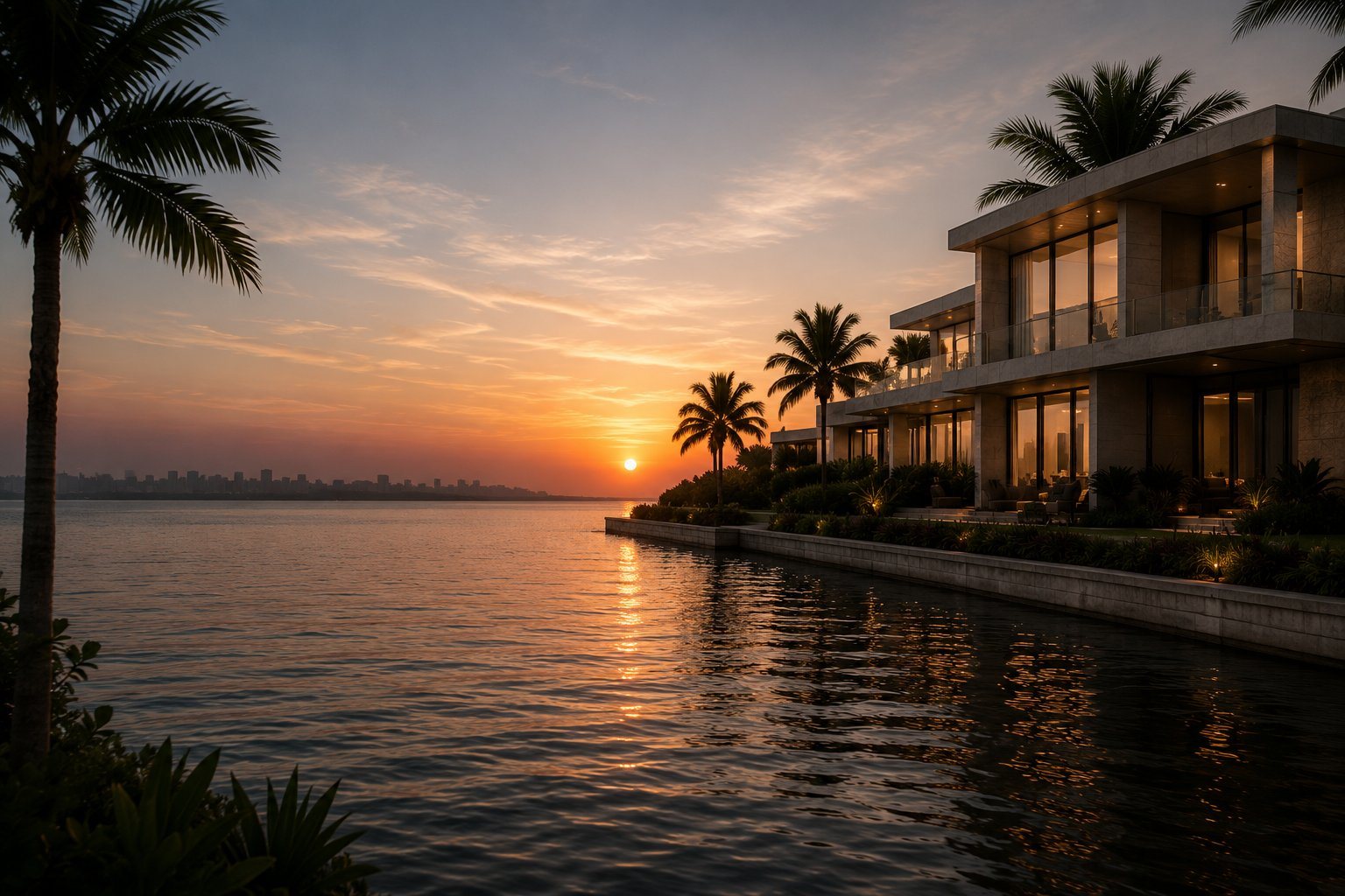 Modern waterfront residence with palms at sunset